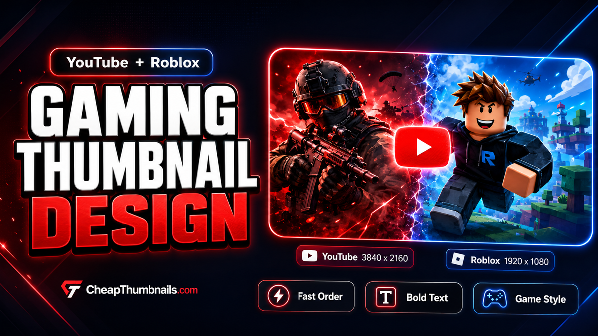 Gaming thumbnail design services for YouTube and Roblox with bold game art and size labels