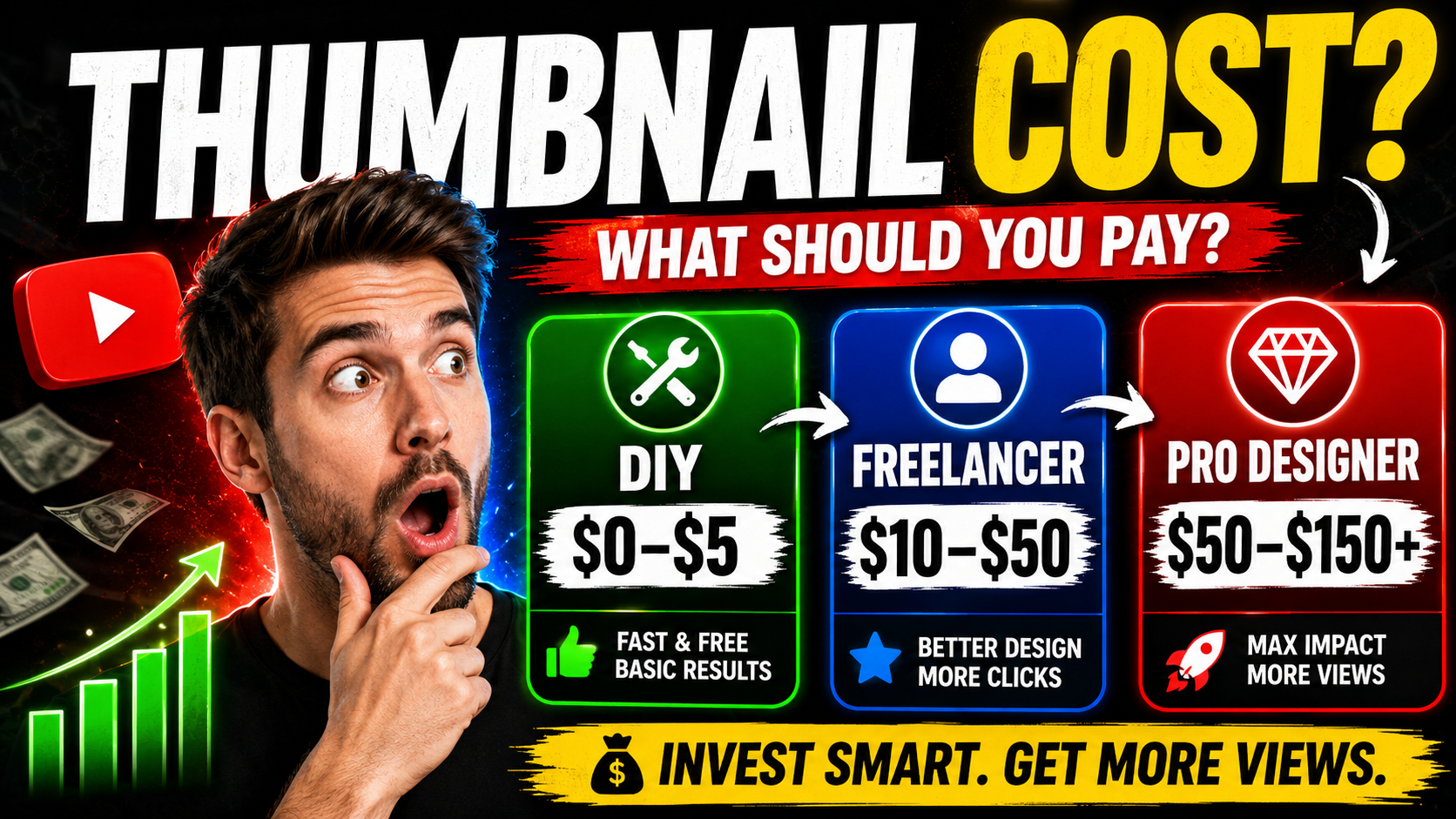 Thumbnail cost guide comparing DIY, freelancer, and pro designer pricing