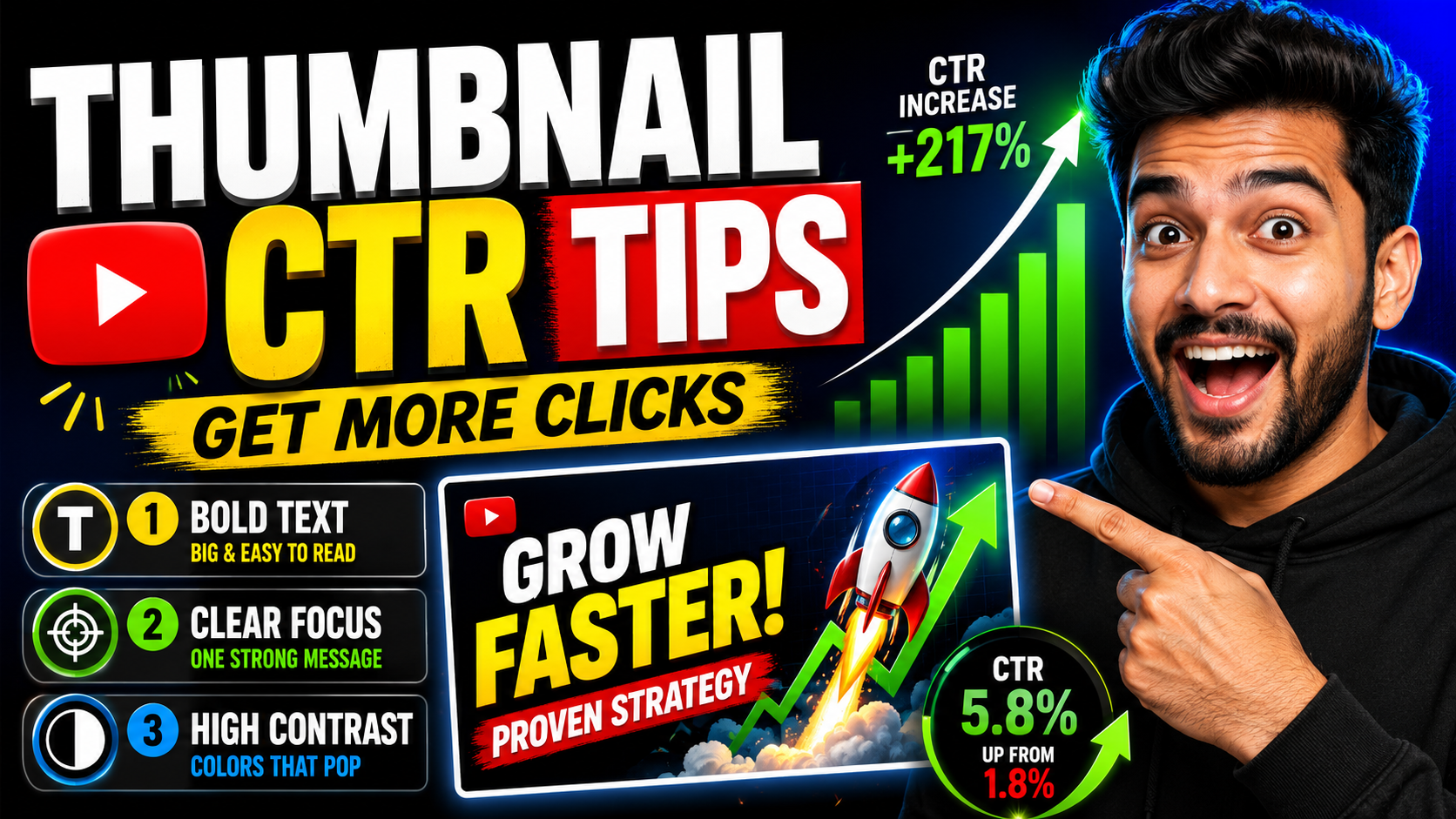 YouTube thumbnail CTR tips guide preview with bold text, clear focus, and high contrast