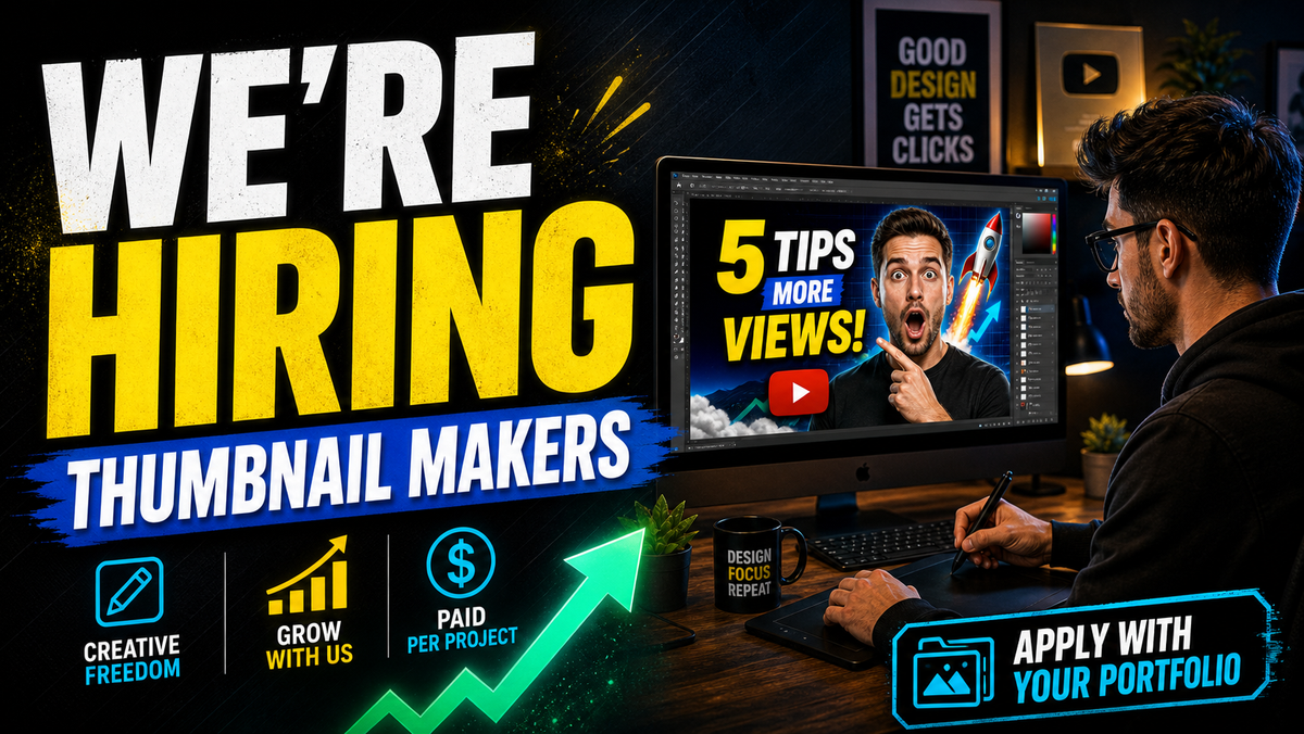 We are hiring thumbnail makers guide showing a designer workspace and apply with your portfolio message