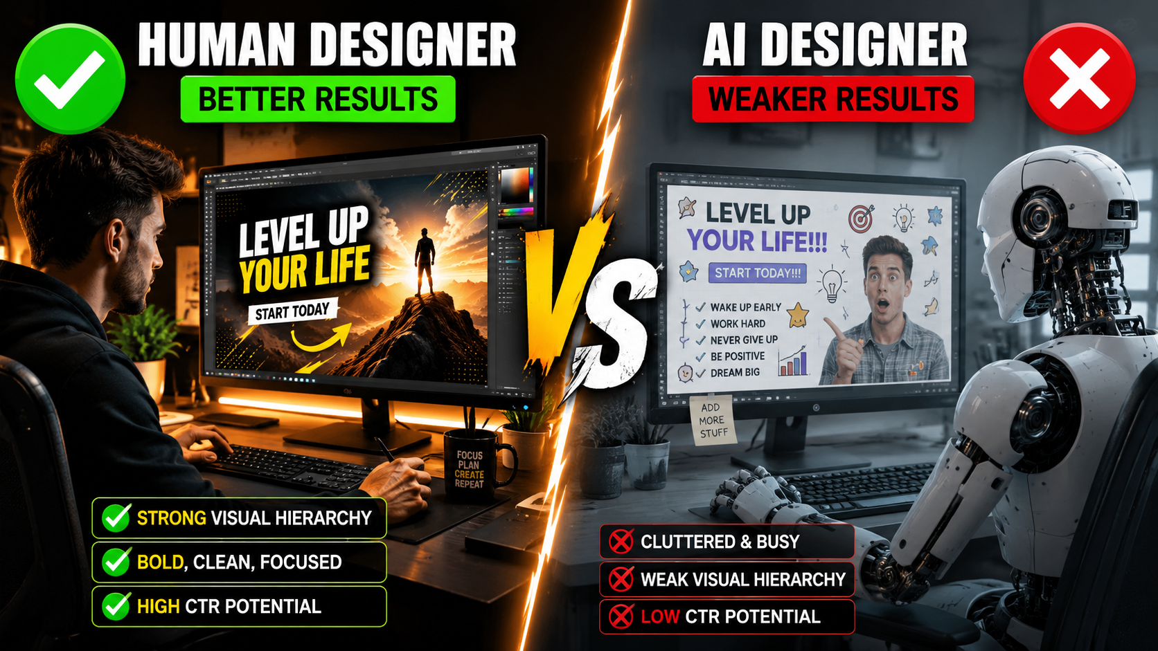 Human designer versus AI designer thumbnail comparison