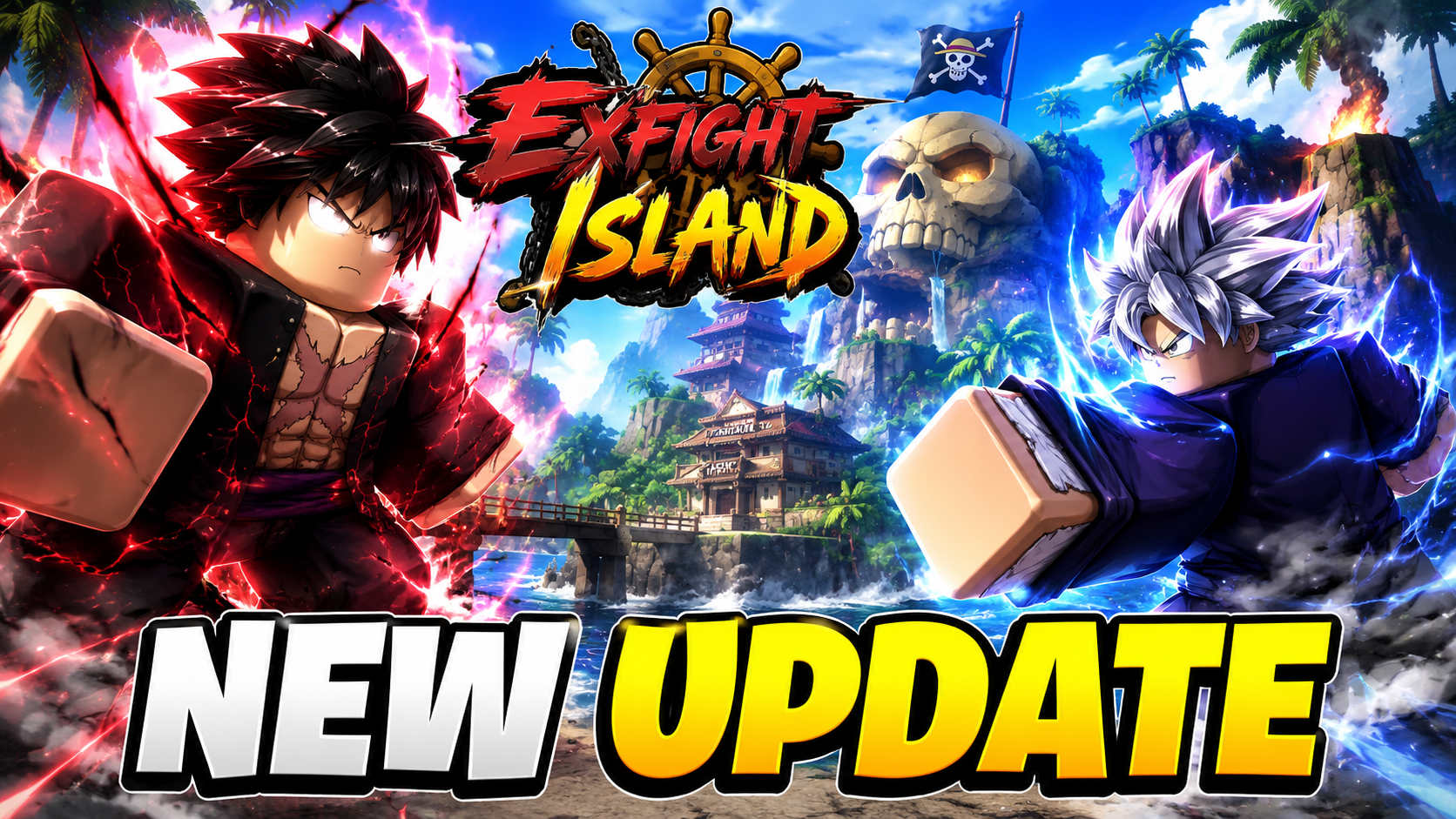 Roblox thumbnail example with anime-style Roblox characters, Exfight Island update text, tropical game world, and bold new update headline