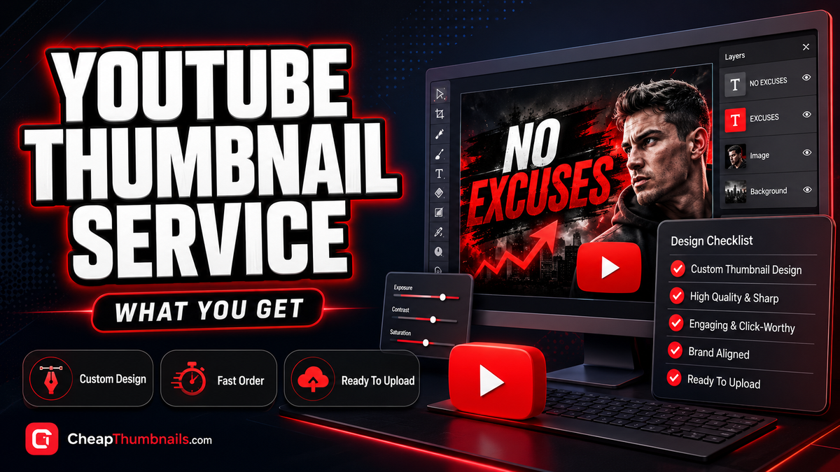 YouTube thumbnail design services guide showing a finished thumbnail, design layers, and order details